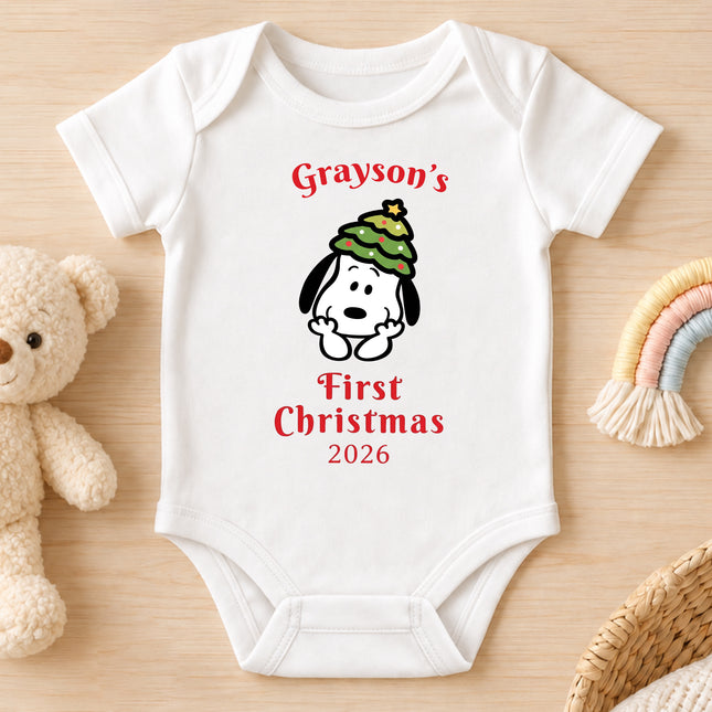Personalized First Christmas 2026 Christmas Tree Hat Baby Bodysuit