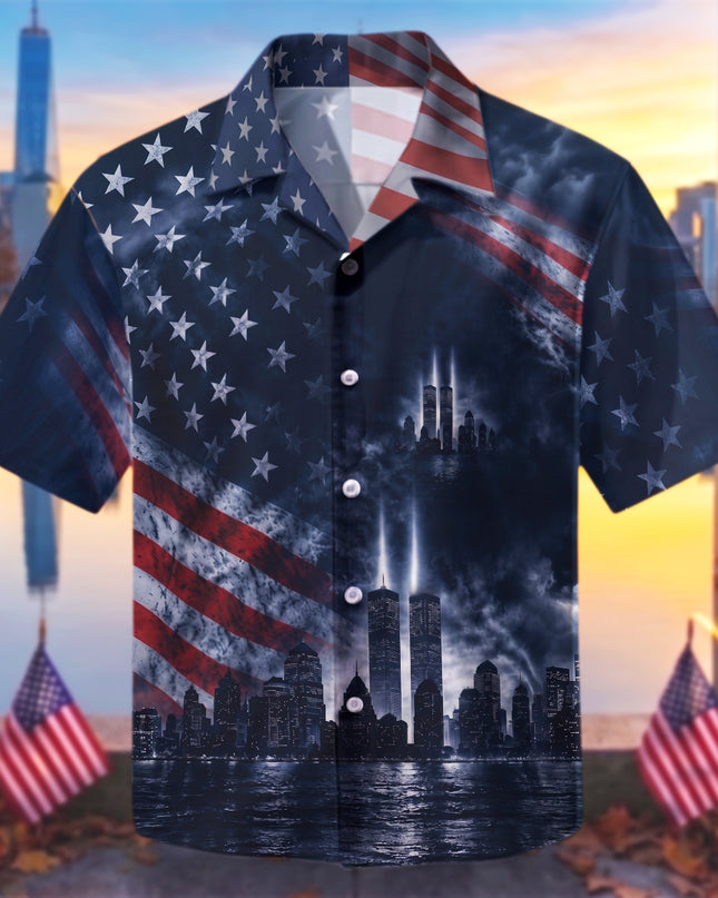 25th Patriot Day American Flag 9/11 Skyline Memorial Tribute Hawaiian Shirt