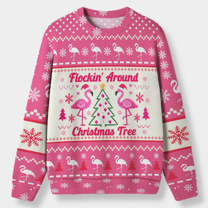 Funny Flamingo Ugly Sweatshirt Flockin Around Christmas Tree Pink