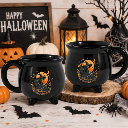 Personalized Witch Cauldron Mug Orange Moon Halloween Custom Name