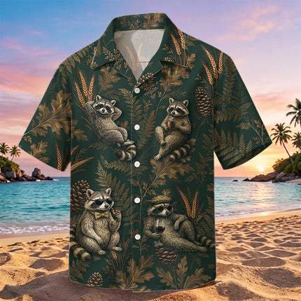 Vintage Raccoon Forest Botanical Summer Hawaiian Shirt