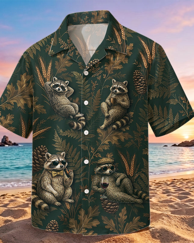 Vintage Raccoon Forest Botanical Summer Hawaiian Shirt
