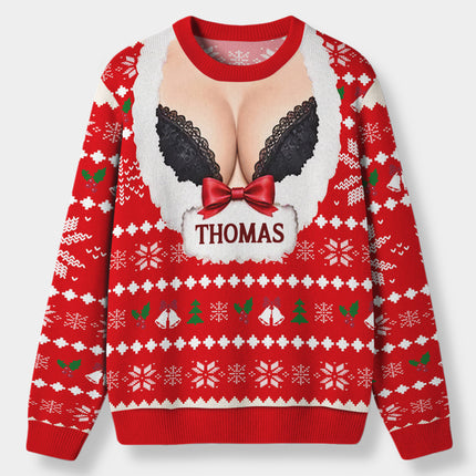 Personalized Naughty Christmas Ugly Sweatshirt Funny Fake Cleavage Design