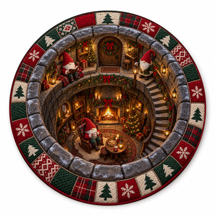 Christmas Round Rug Gnome Cottage Fireplace Doormat