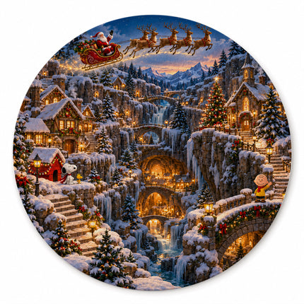 Christmas Round Rug Snowy Mountain Village Holiday Doormat