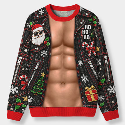 Funny Six Pack Christmas Ugly Sweatshirt Fake Abs Biker Santa Party Outfit