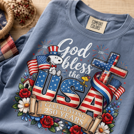 Comfort Colors God Bless The USA Celebrating 250 Years Cross Dog T-Shirt