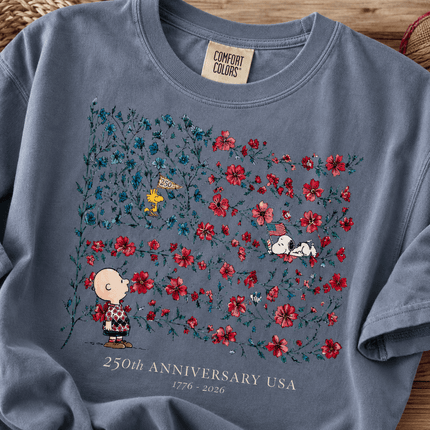 1_78ccca85-405f-4e06-8eb6-6d4cda484dca - AuraNations - Comfort Colors 250th Anniversary USA Floral Vine Flag Friends T-Shirt - Blue Jean / S - 250TH ANNIVERSARY, ALL, COMFORT COLORS, NO CUSTOM, PRODUCTS, SNPY, TSHIRT