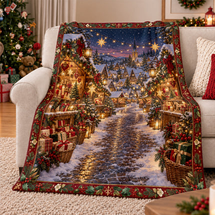 Christmas Market Fleece Blanket Festive Winter Village Decor