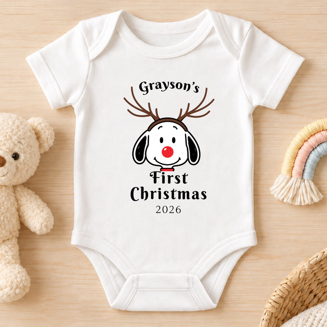 Personalized First Christmas 2026 Reindeer Name Baby Bodysuit