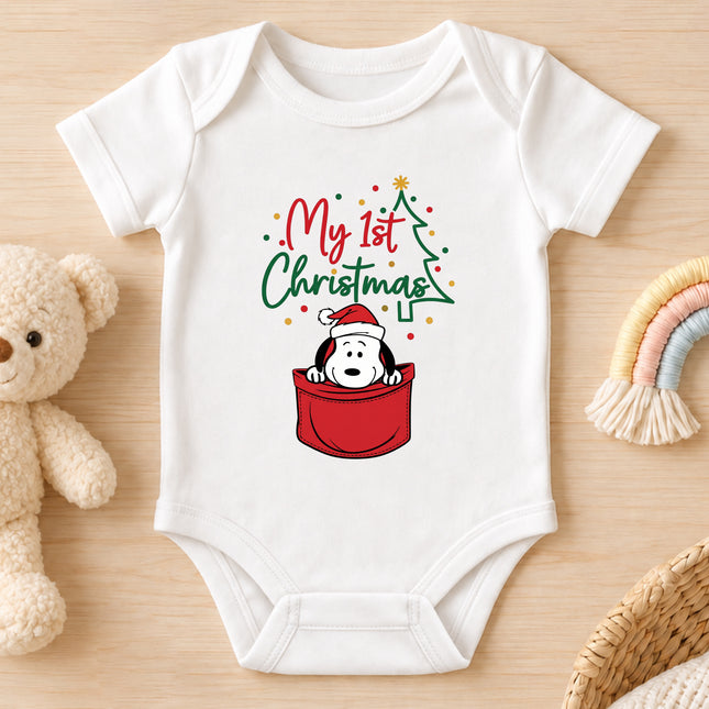 My First Christmas Santa Hat Pocket Graphic Baby Bodysuit