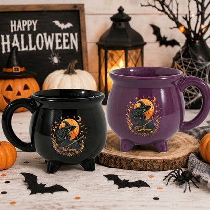 Personalized Witch Cauldron Mug Orange Moon Halloween Custom Name