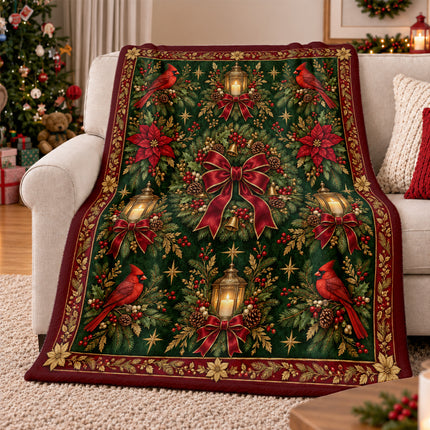 Cardinal Christmas Fleece Blanket Vintage Holiday Wreath