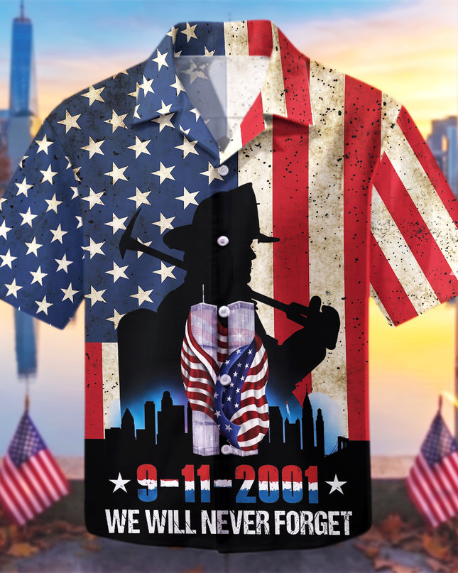 25th Patriot Day We Will Never Forget 9/11 Firefighter Tribute Hawaiian Shirt