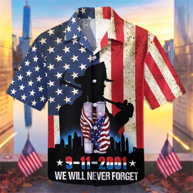 25th Patriot Day We Will Never Forget 9/11 Firefighter Tribute Hawaiian Shirt