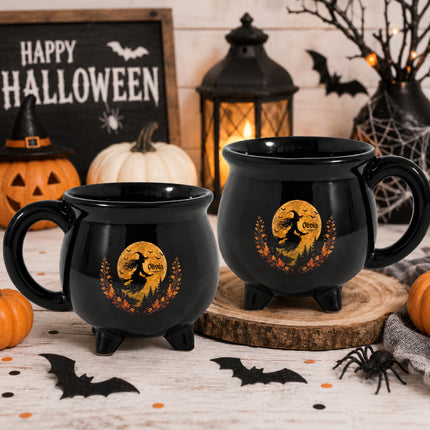 Personalized Harvest Moon Witch Cauldron Mug Halloween Flying Witch