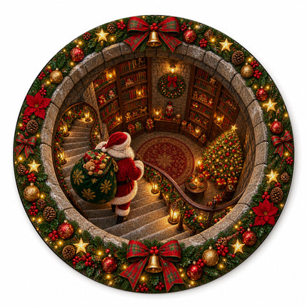 Christmas Round Rug Santa Library Holiday Doormat