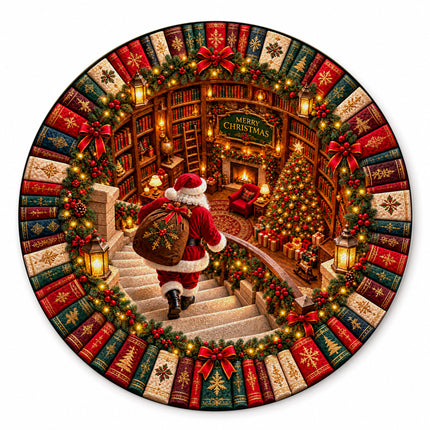 Christmas Round Rug Santa Library Fireplace Doormat