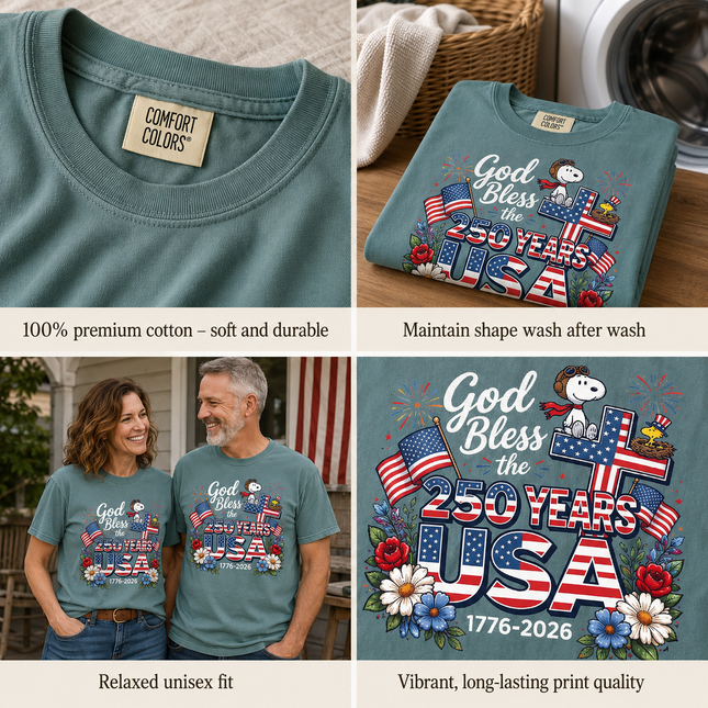 Comfort Colors God Bless The USA 250 Years Patriotic Cross T-Shirt