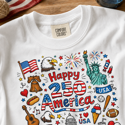 Comfort Colors Happy 250 America Patriotic Icons Doodle T-Shirt