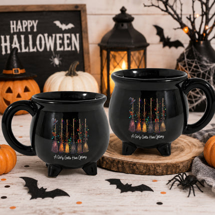 A Girls Gotta Have Options Cauldron Mug Halloween Witch Broom Coffee Cup