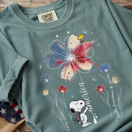 Comfort Colors America Watercolor Flag Floral Faith Freedom Dog T-Shirt