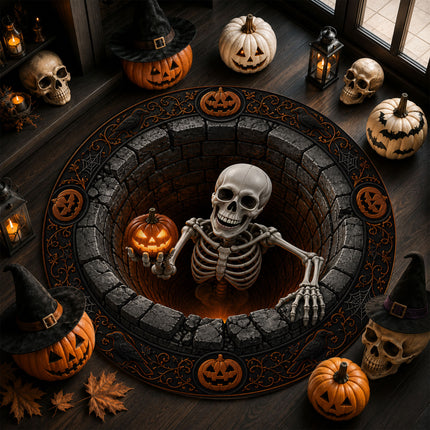 Halloween Round Rug Skeleton Pumpkin 3D Spooky Doormat