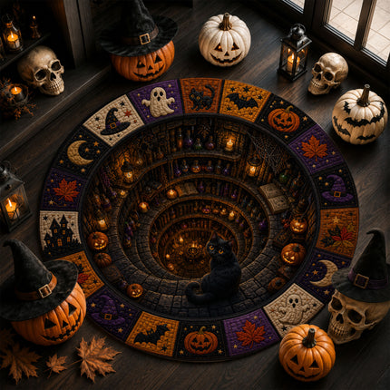 Halloween Round Rug Black Cat Witch Potion Spooky Doormat