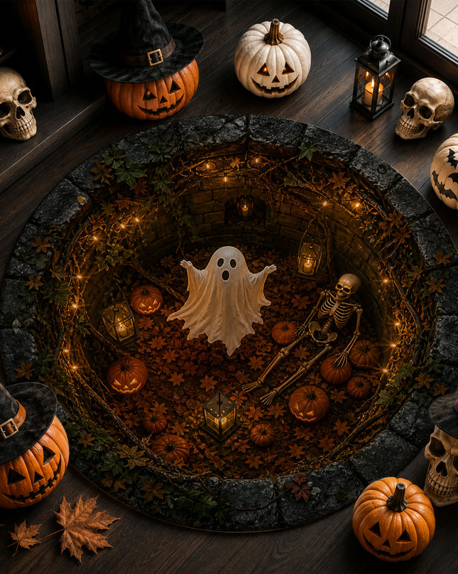 Halloween Round Rug Ghost Skeleton Pumpkin Spooky Doormat