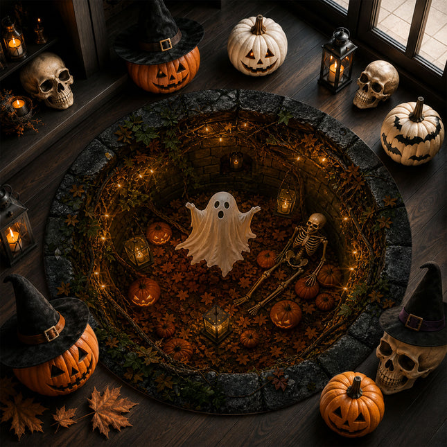 Halloween Round Rug Ghost Skeleton Pumpkin Spooky Doormat