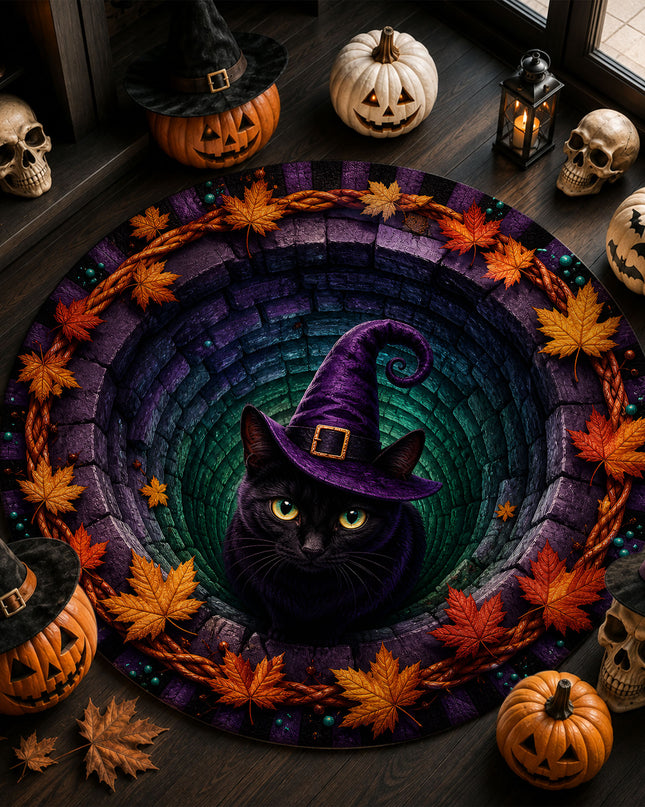 Halloween Round Rug Black Cat Witch Hat Spooky Doormat