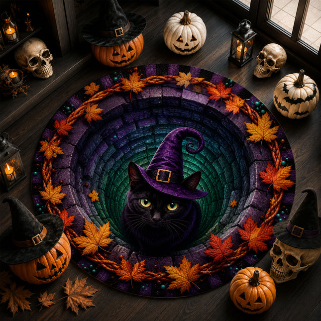 Halloween Round Rug Black Cat Witch Hat Spooky Doormat