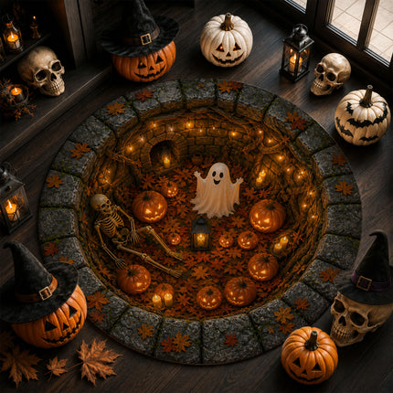 Halloween Round Rug Ghost Skeleton Pumpkin Pit Doormat