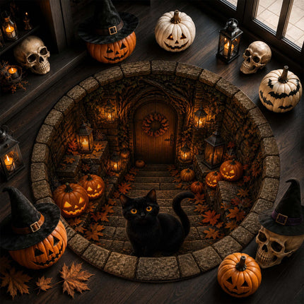 Halloween Round Rug Black Cat Pumpkin Lantern Doormat