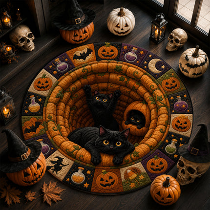 Halloween Round Rug Black Cats Pumpkin Quilt Spooky Doormat