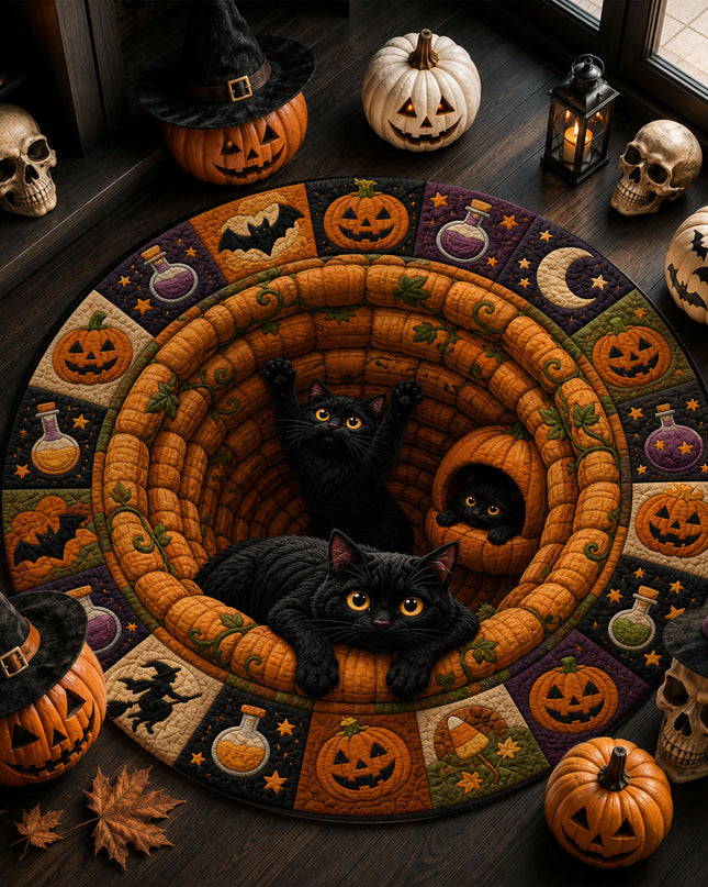 Halloween Round Rug Black Cats Pumpkin Quilt Spooky Doormat