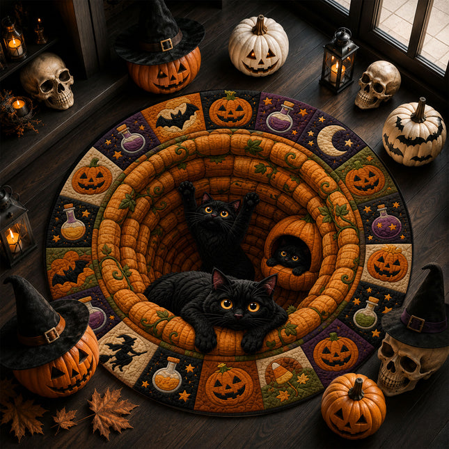 Halloween Round Rug Black Cats Pumpkin Quilt Spooky Doormat
