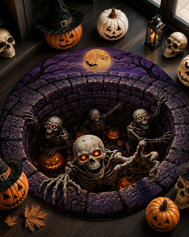 Halloween Round Rug Skeleton Pit Illusion Doormat