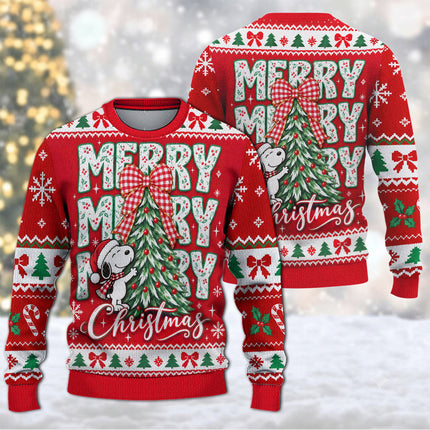 Funny Merry Christmas Ugly Sweatshirt Cartoon Dog Tree Design