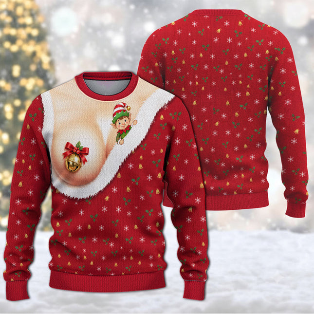 Funny Jingle Bell Ugly Sweatshirt Naughty Christmas Elf Chest Illusion
