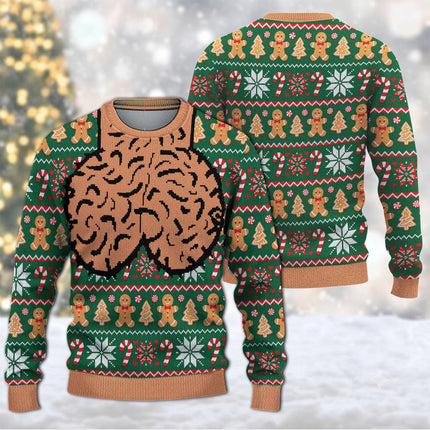 Funny Brain Christmas Ugly Sweatshirt Gingerbread Candy Cane Holiday Sweater