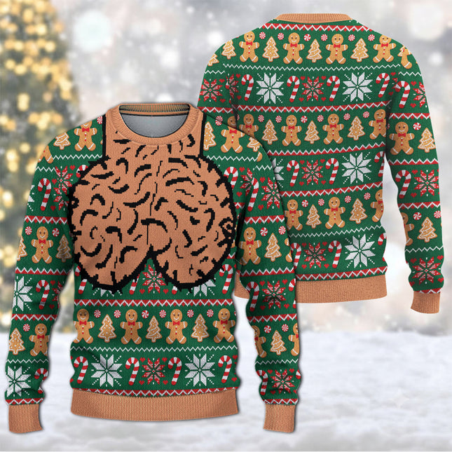 Funny Brain Christmas Ugly Sweatshirt Gingerbread Candy Cane Holiday Sweater