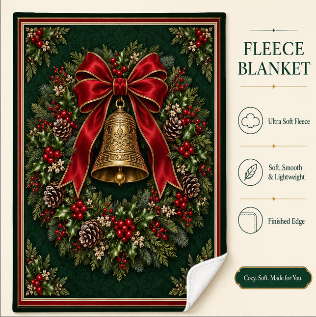 Christmas Wreath Fleece Blanket Vintage Bell Holiday Decor