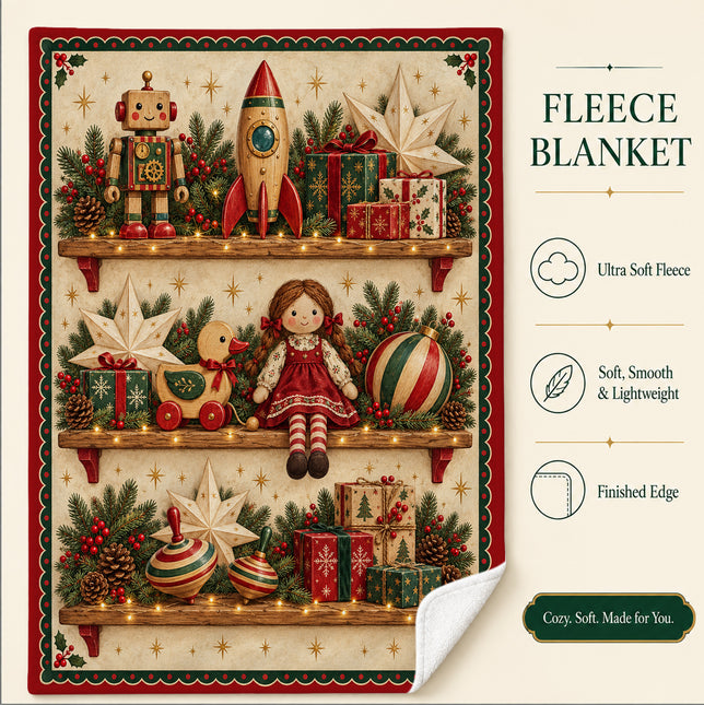 Vintage Christmas Toys Fleece Blanket Retro Holiday Decor