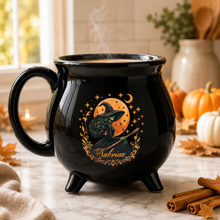 Personalized Witch Cauldron Mug Orange Moon Halloween Custom Name
