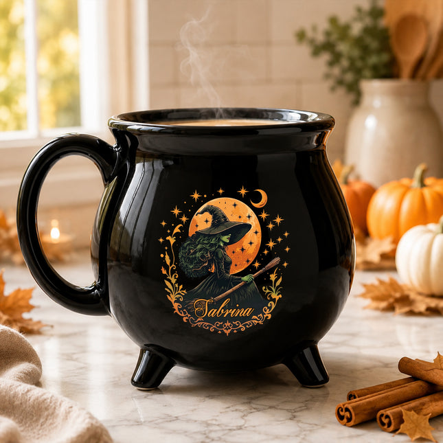 Personalized Witch Cauldron Mug Orange Moon Halloween Custom Name