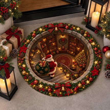 Christmas Round Rug Santa Library Holiday Doormat