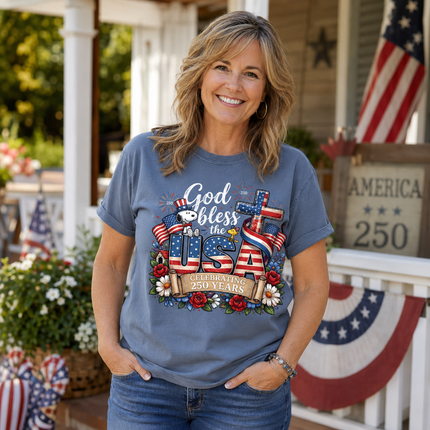 Comfort Colors God Bless The USA Celebrating 250 Years Cross Dog T-Shirt