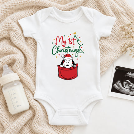 My First Christmas Santa Hat Pocket Graphic Baby Bodysuit
