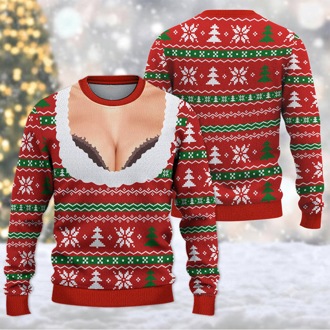 Funny Christmas Ugly Sweatshirt Faux Cleavage Holiday Print